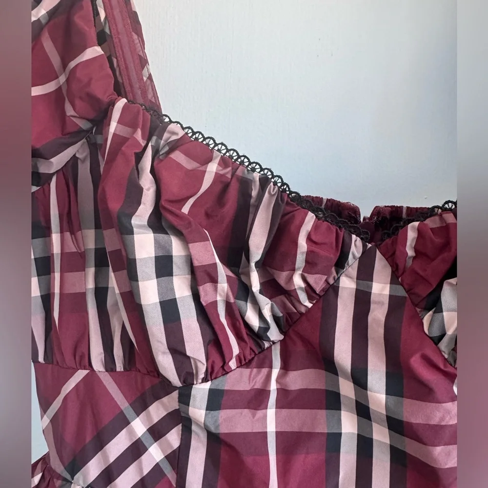 Anthropologie Maeve Plaid Maroon Tartan Burgundy Mini Puff Sleeve Dress Size S - Picture 9 of 15